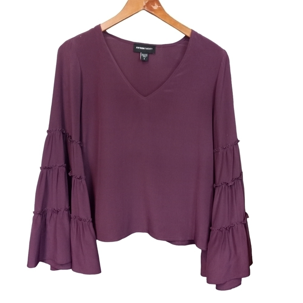Fifteen Twenty Silk Boho Tiered Flowy Bell Sleeve Top Deep Purple Size Small